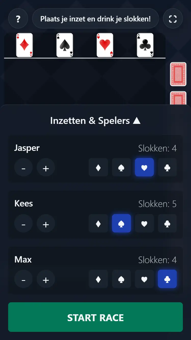 scherm waar de speler op hun paard kunnen inzetten